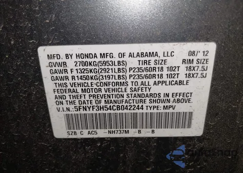 2012 Honda Pilot Ex-L from USA, damaged, VIN 5FNYF3H54CB042244